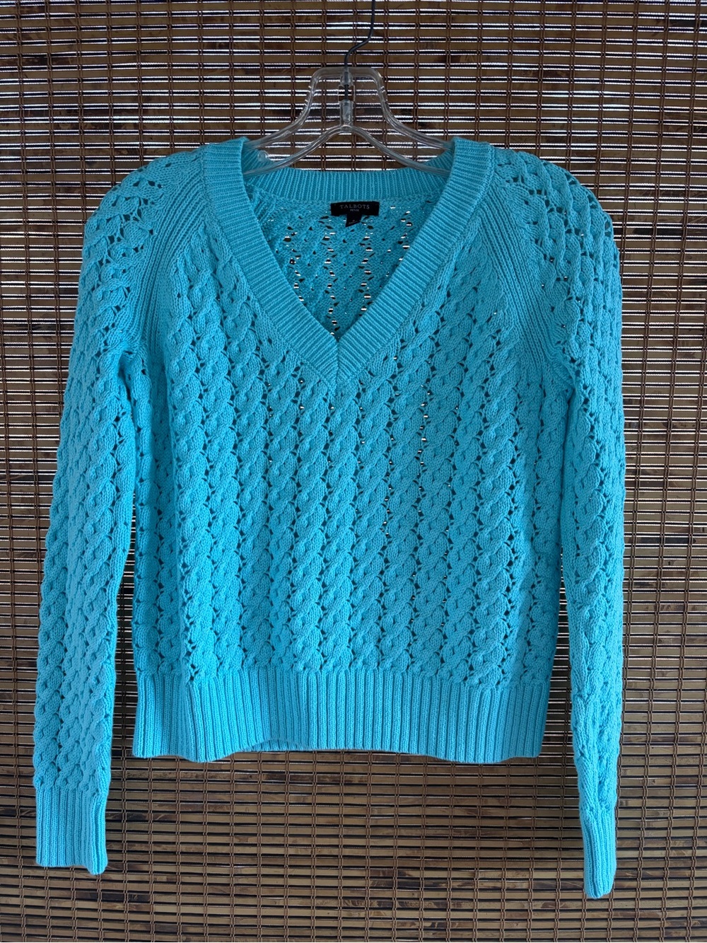 Talbots Women’s Teal Open-Stitch V-Neck Sweater